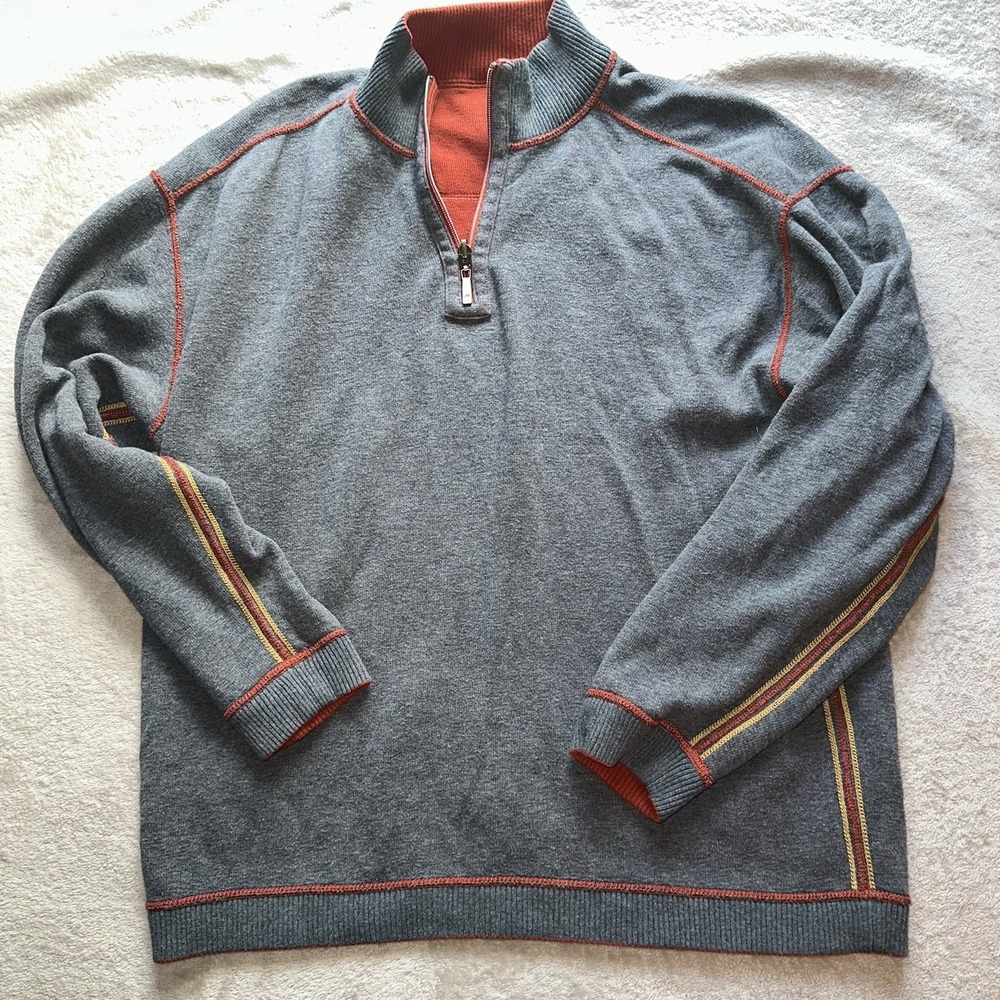 TOMMY BAHAMA Flipshore Reversible Half Zip Pullover Sweater Orange Gray Mens XL - Picture 9 of 10